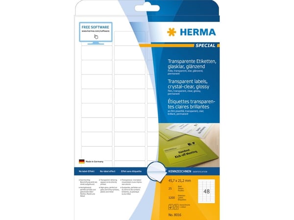 HERMA 8016, Läpinäkyvä, Itse kiinnittyvä tulostintarra, A4, Laser, Kiinteä, Kiilto
