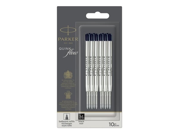 Parker Quinkflow, musta, Keskikokoinen, musta, Hopea, Kuulakärkikynä, 10 kpl, Kupla
