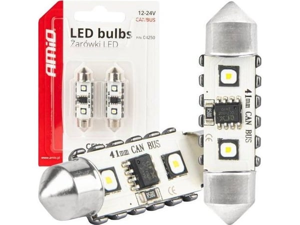 AMiO LED-lamper CANBUS Festoon C5W 2SMD 3838 41mm Hvit 12V 24V AMIO-04250