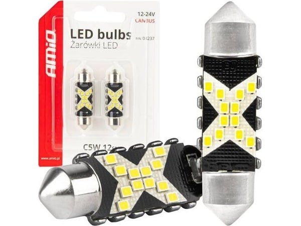 AMiO LED-lampe CANBUS Festoon C5W 12SMD 2016 39 mm hvit 12V/24V AMIO-04237