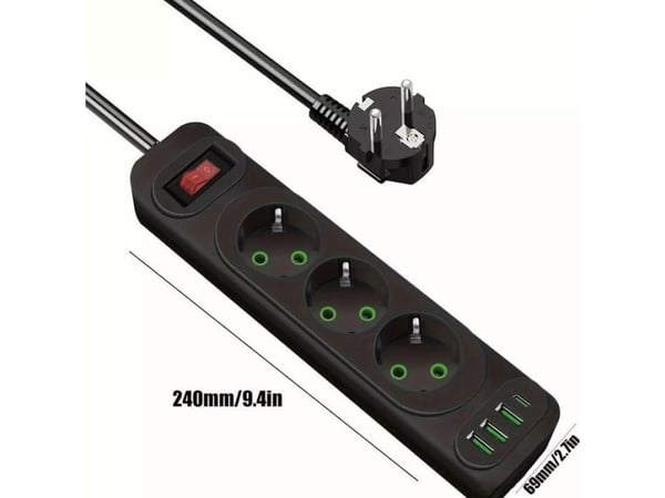 Riff F23U 2m jatkojohto, jossa 3 pistorasiaa + 3 USB + 1 USB-C