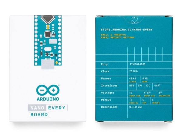 Arduino Nano Every, 48 MHz, Arm, ARM Cortex M0+, ATMega4809, 20 MHz, 48 KB