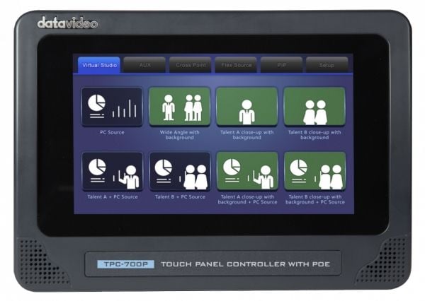 DataVideo TPC-700P, 17,8 cm (7"), 800 x 480 piksler, Sort, Berøringskontroll, IEEE 802.3af, DC