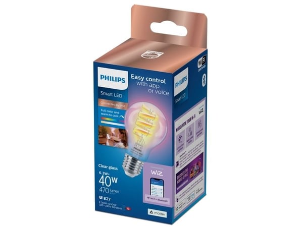 Philips Älykäs RGB-filamenttilamppu, A60, E27-kanta, 470 lm, Älylamppu, Wi-Fi/Bluetooth, Läpinäkyvä, Wi-Fi 4 (802.11n), 802.11b, 802.11g, LED, E27