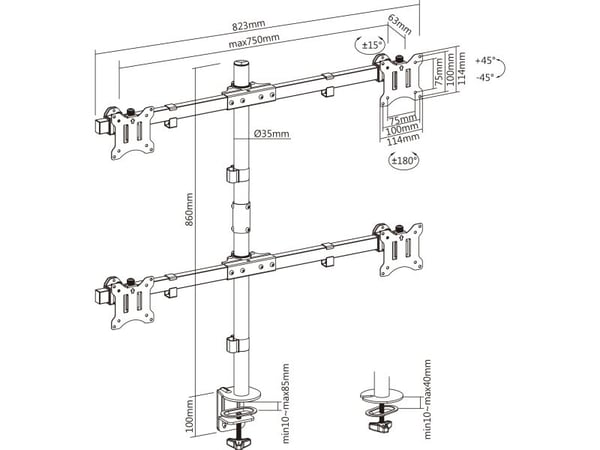 InLine 23108H, Klemme/malje, 43,2 cm (17"), 81,3 cm (32"), 100 x 100 mm, Høydejustering, Svart