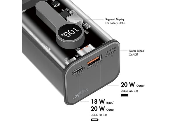 Logilink - strømbank - med skjerm - 10000 mAh - 20 watt - 3 A - PD 3.0, Quick Charge 3.0 - 2 utgangstilkoblingspunkter (USB-C (PD), 4 pins USB Type...