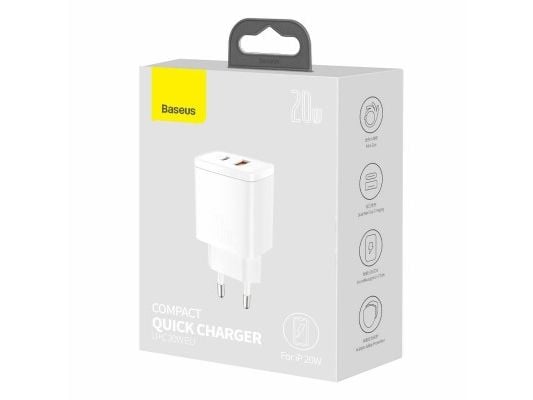 Baseus Compact-pikalaturi, USB, USB-C, 20W (valkoinen)