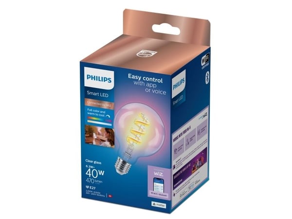 Philips Älykäs RGB-filamenttilamppu, G95, E27-kanta, 470 lm, Älylamppu, Wi-Fi/Bluetooth, Läpinäkyvä, Wi-Fi 4 (802.11n), 802.11b, 802.11g, LED, E27
