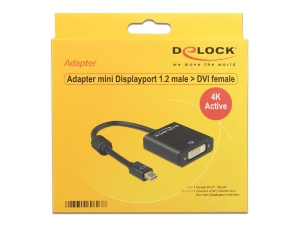 Delock - Videoadapter - enkeltlink - Mini DisplayPort (han) til DVI-I (hun) - DisplayPort 1.2 - 20 cm - tommelskruer, 4K support - sort