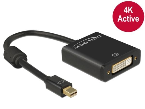 Delock - Videoadapter - enkeltlink - Mini DisplayPort (han) til DVI-I (hun) - DisplayPort 1.2 - 20 cm - tommelskruer, 4K support - sort