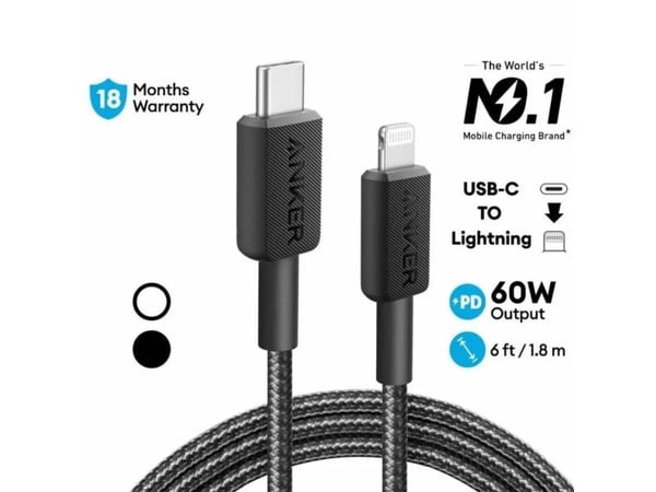 Anker 322, 0,9 m, Lightning, USB C, urosliitin, urosliitin, musta