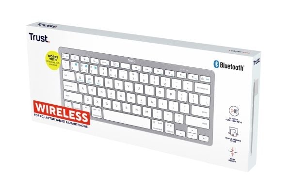 Trust 24651, 75%, Langaton, Bluetooth, Näppäimen saksikytkin, QWERTY, Hopea