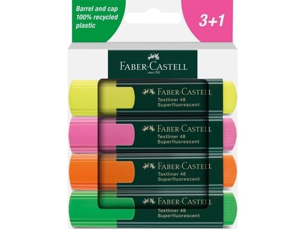 Faber-Castell Textliner 48, 4 styck, Grön, Orange, Rosa, Gul, Återvunnen plast, 1 mm, 5 mm, Vattenbaserat bläck