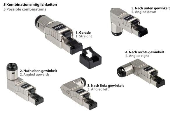 RJ45-kontakt Kat. 6A, verktøyfri / feltmontering, STP-skjermet, metall, 5 retninger, bra (GC-N0165)