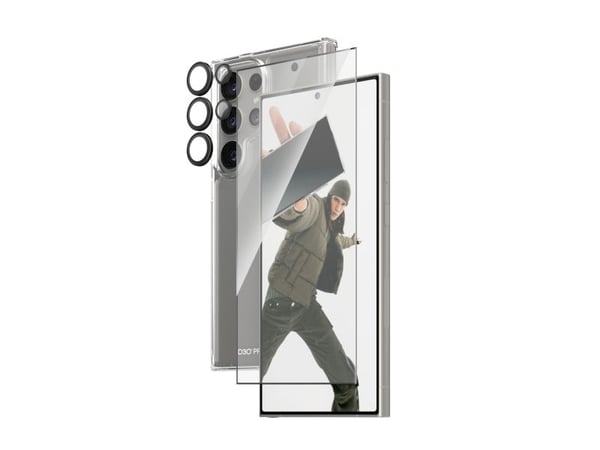 PanzerGlass - 3-i-1 beskyttelsespakke - baksidedeksel for mobiltelefon - ultrabred passform med EasyAligner - D3O Bio, 100 % resirkulert plast - me...