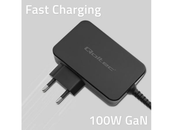 Qoltec lader GaN Power Pro lader | 1xUSB-C | 100W | 5-20V | 3-5A | Svart