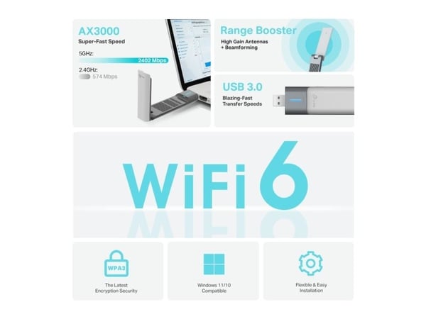 TP-Link Archer TX50UH, Ledning & Trådløs, USB, WLAN, Wi-Fi 6 (802.11ax), 3000 Mbit/s, Svart