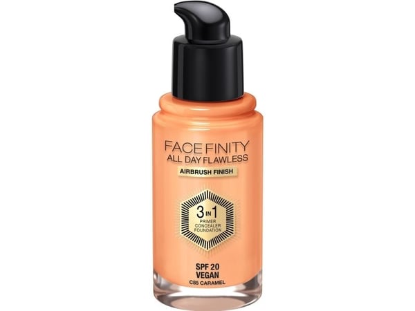Max Factor Facefinity All Day Flawless 3 in 1 Vegan Foundation 85 Caramel, Pump bottle, Serum, Universal skin, Beige, Caramel, Natural