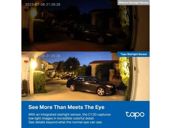 TP-Link Tapo C120, IP-sikkerhetskamera, Inne & Ute, Ledning & Trådløs, Tak/vegg/skrivebord, Hvit, Svart, 120°
