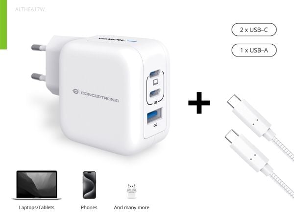 Conceptronic - Strømadapter - 67 watt - 1.5 A - QC 3.0, Power Delivery 3.0 + PPS - 3 utgangskontakter - hvit