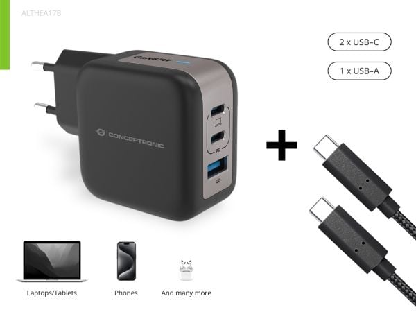 Conceptronic - Strømadapter - 67 watt - 4.05 A - QC 3.0, Power Delivery 3.0 + PPS - 3 utgangskontakter - svart