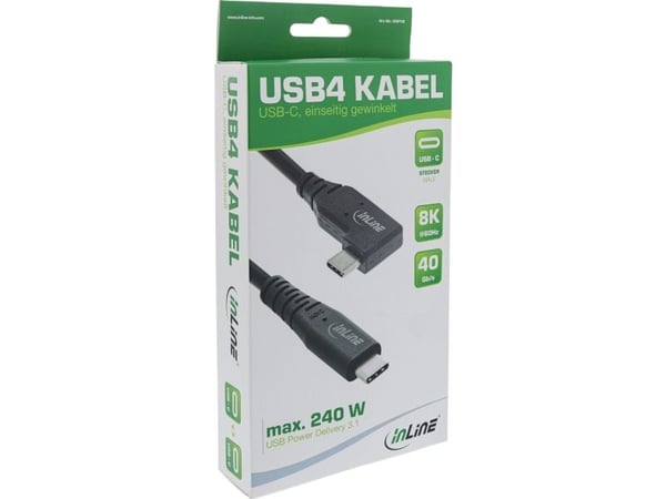 USB4 cable, USB Type-C, one side angled, PD 240W, 8K60Hz, TPE black, 0.5m