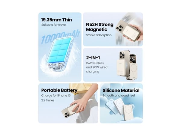 Ugreen - Trådløs nødlader - magnetisk - 10000 mAh - 37 Wh - 20 watt - 3 A - PD 3.0, PD 2.0, QC 3.0, QC 2.0, Apple 2.4A, USB BC 1.2 (24 pin USB-C) -...