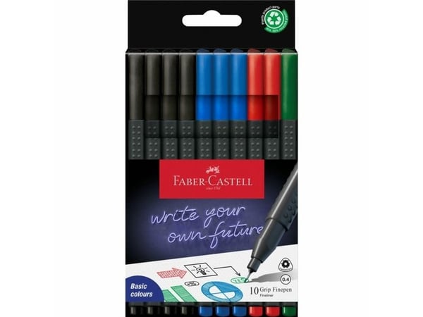 Faber-Castell Grip Finepen, musta, Sininen, Vihreä, Punainen, 0,4 mm, Hienojakoinen, Kolmio, Metalli, Pahvilaatikko