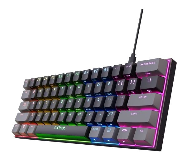 Trust GXT 867 ACIRA - Tastatur - mekanisk - 60% - mini - bakgrunnsbelyst - USB - tastsvitsj: Outemu Red - svart - pappeske