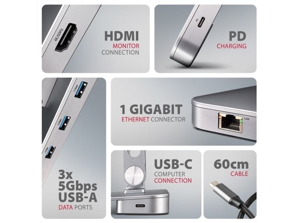 AXAGON HMC-STND - Dokkestasjon + notebookstativ - USB-C 3.2 Gen 1 - HDMI - 1GbE