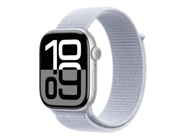 Apple Watch Series 10 (GPS + Cellular) - 46 mm - sølvaluminium - smartklokke med sportssløyfe - myk dobbeltlagsnylon - blå sky - håndleddstørrelse:...
