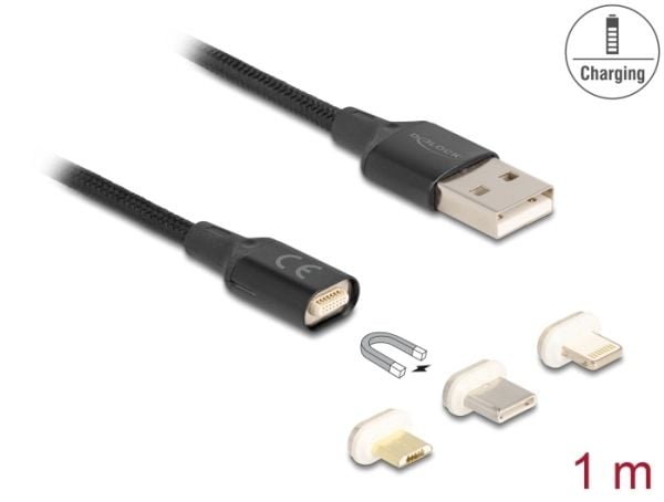 Delock - USB-ladeadaptersett - USB (hann) til Micro-USB type B, Lightning, 24 pin USB-C (hann) magnetisk - USB 2.0 - 5 V - 3 A - 1 m - svart