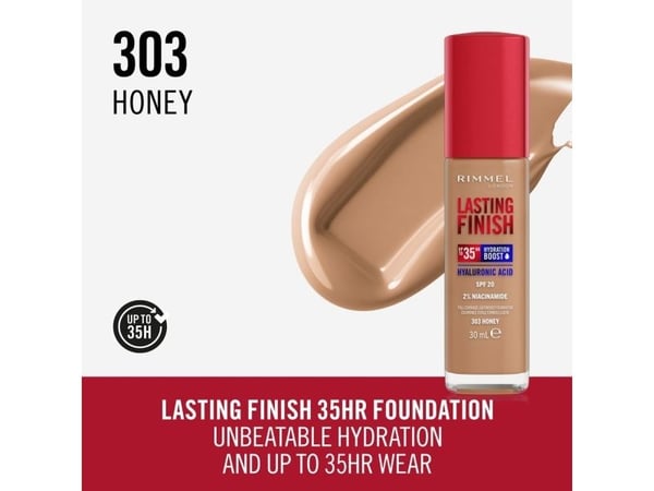 Rimmel Lasting Finish, Pumpe flaske, Krem, Lysnende, Fuktighetsgivende, Beskyttelse, Medium, Nøytral, Beige