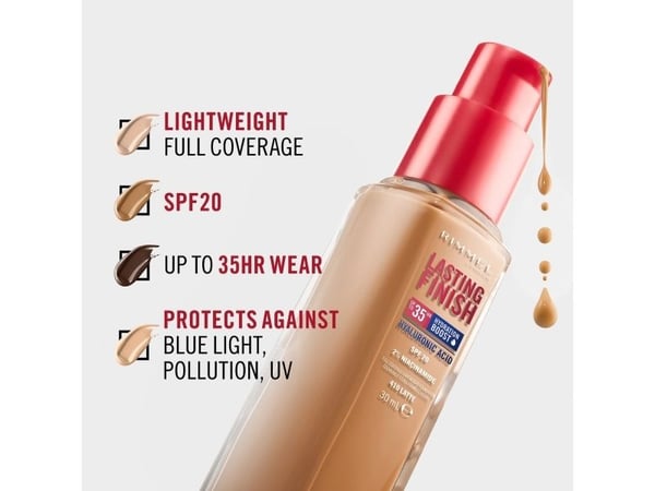 Rimmel Lasting Finish, Pumpe flaske, Krem, Lysnende, Fuktighetsgivende, Beskyttelse, Medium, Nøytral, Beige