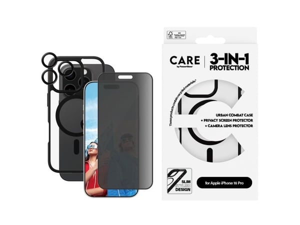 PanzerGlass ® | CARE by ® Flagship 3-in-1 Privacy Bundle iPhone 16 Pro, Apple, Apple - iPhone 16 Pro, Tørr påføring, Ripebestandig, Sjokkresistent,...