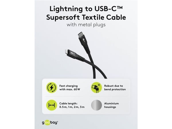 Goobay 74517, 3 m, Lightning, USB C, urosliitin, urosliitin, musta