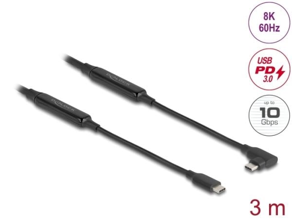 Delock - USB-kabel - 24 pin USB-C (hann) til 24 pin USB-C (hann) venstreivinklet - USB 3.2 Gen 2 - 3 A - 3 m - signalforsterker, USB Power Delivery...
