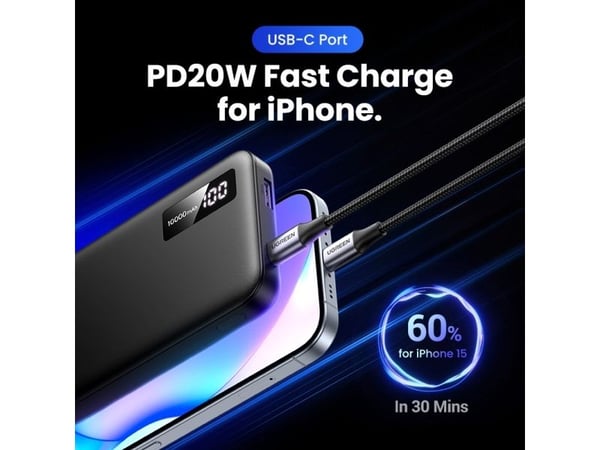 Ugreen - Strømbank - 10000 mAh - 20 watt - 3 A - PD 3.0, Fast Charge, QC 3.0 - 2 utgangskontakter (USB, USB-C)