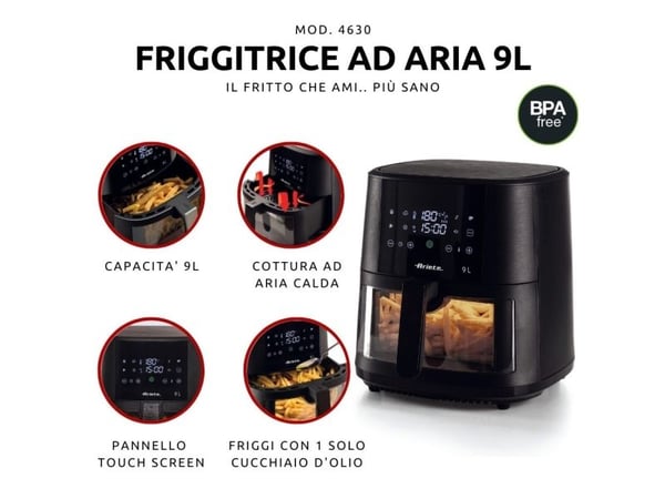 Ariete 4630/00, Varmluftsfrityr, 9 l, 3,5 kg, 60 °C, 200 °C, Single/enkelt