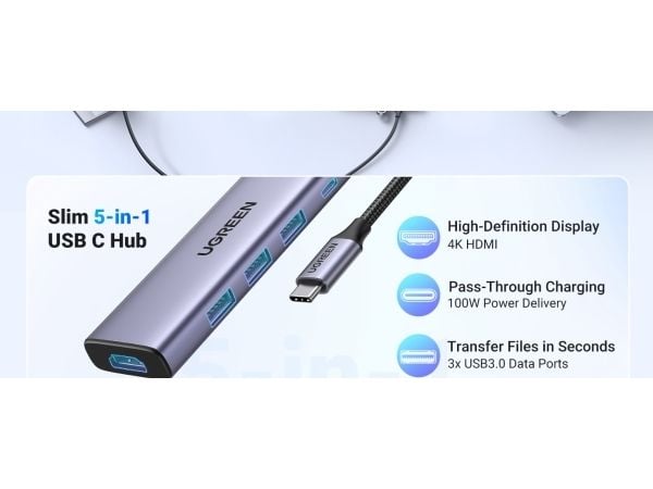 Ugreen 20956A, USB Type-C, HDMI, USB 3.0, 5000 Mbit/s, 3840 x 2160, Sølv, Rund kabel