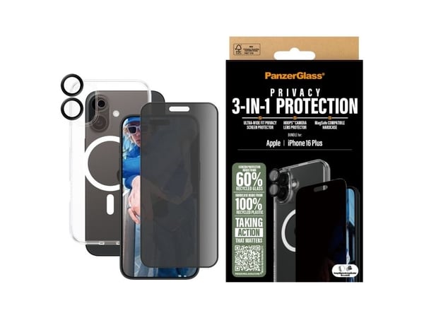 PanzerGlass ® 3-in-1 Privacy Protection Pack iPhone 16 Plus, Apple, Apple - iPhone 16 Plus, kuivakäyttöinen, naarmuuntumaton, iskunkestävä, läpinäk...
