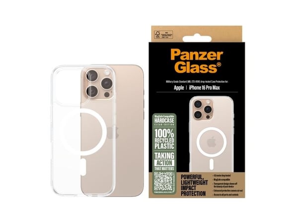 PanzerGlass ® HardCase Transparent w. White MagSafe iPhone 16 Pro Max, Suojus, Apple, Apple - iPhone 16 Pro Max, Läpinäkyvä