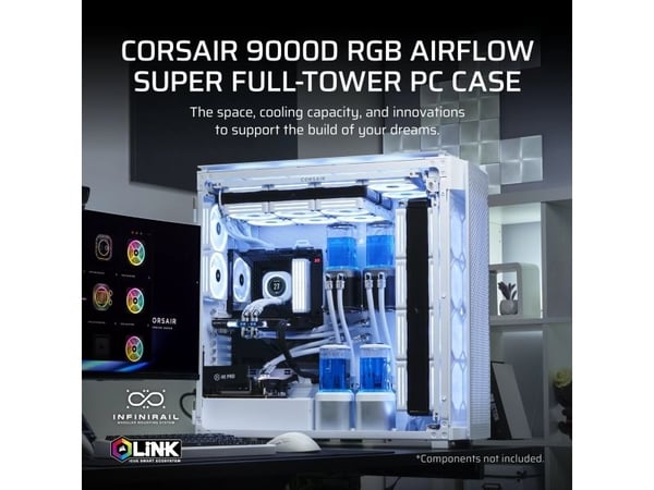 CORSAIR 9000D RGB AIRFLOW - Super full tower - SSI EEB - sidepanel med vindu (herdet glass) - ingen strømforsyning (ATX) - hvit - USB/lyd