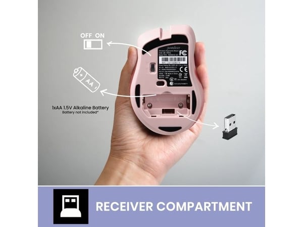 Perixx PERIMICE-621, Høyre hendt, Optisk, RF Wireless + Bluetooth + USB Type-A, 1600 DPI, Rosa