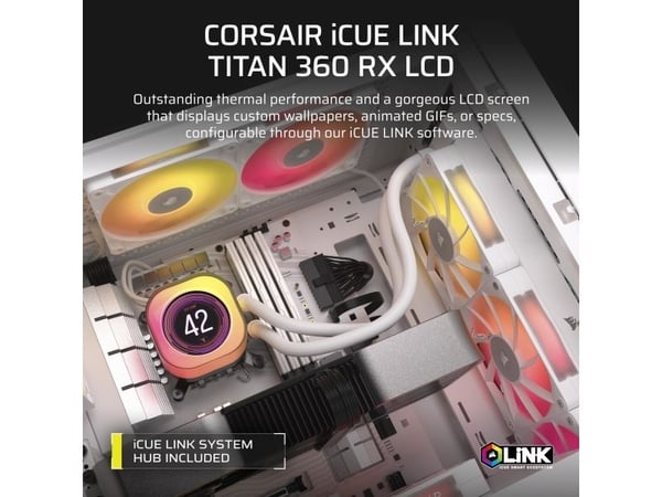 Corsair iCUE LINK TITAN 240 RX LCD, All-in-one-nesteenjäähdytin, 12 cm, 300 RPM, 2100 RPM, Valkoinen