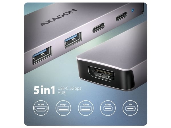 Axagon HMC-5H60, Koblet med ledninger (ikke trådløs), USB 3.2 Gen 1 (3.1 Gen 1) Type-C, 100 W, 1.4/2.2, Grå, 5 Gbit/s