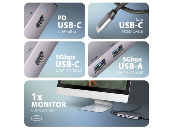 Axagon HMC-5H60, Koblet med ledninger (ikke trådløs), USB 3.2 Gen 1 (3.1 Gen 1) Type-C, 100 W, 1.4/2.2, Grå, 5 Gbit/s