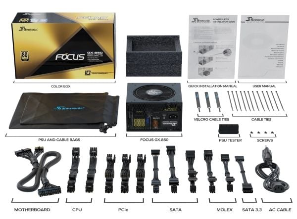 Seasonisk strømforsyning 850W Focus-GX-850 ATX3 Modular Gold (FOCUS-GX-850-V4)