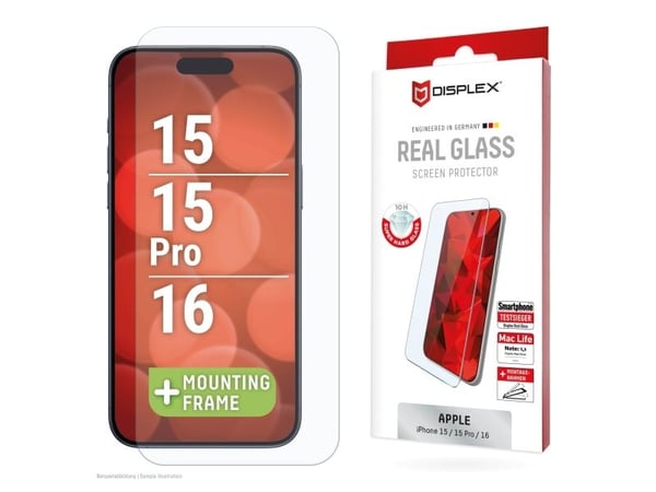 Displex 02012, Apple, iPhone 15/15 Pro/16, Tørr påføring, Skittbestandig, Slagbestandig, Ripebestandig, Gjennomsiktig, 1 stykker