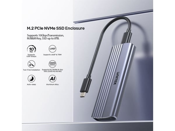 Unitek Bay Unitek M.2 PCIe NVMe-stasjonskabinett, USB-C 10 Gbps, aluminium